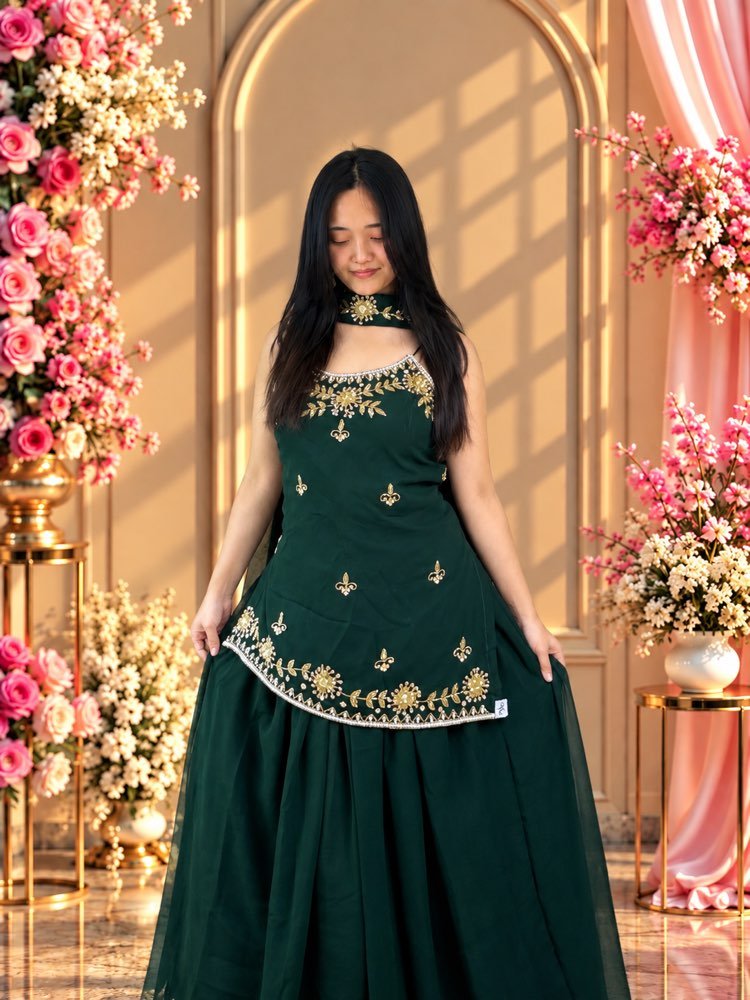Deep Green Asymmetrical Kurtha Sharara Set - Image 4