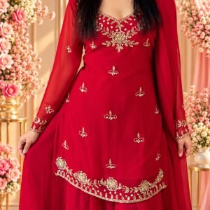 Red Sharara Set - Full Sheer Sleeves
