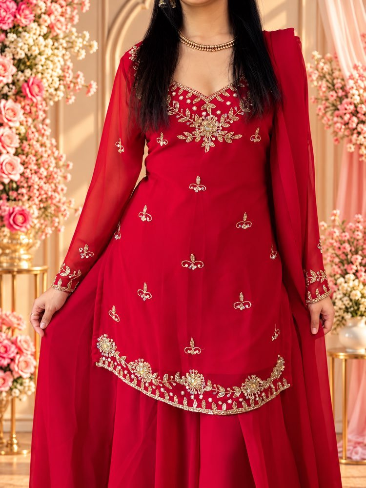 Red Sharara Set - Full Sheer Sleeves