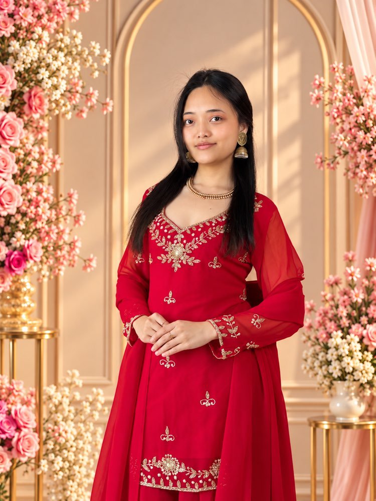 Red Sharara Set - Full Sheer Sleeves - Image 2