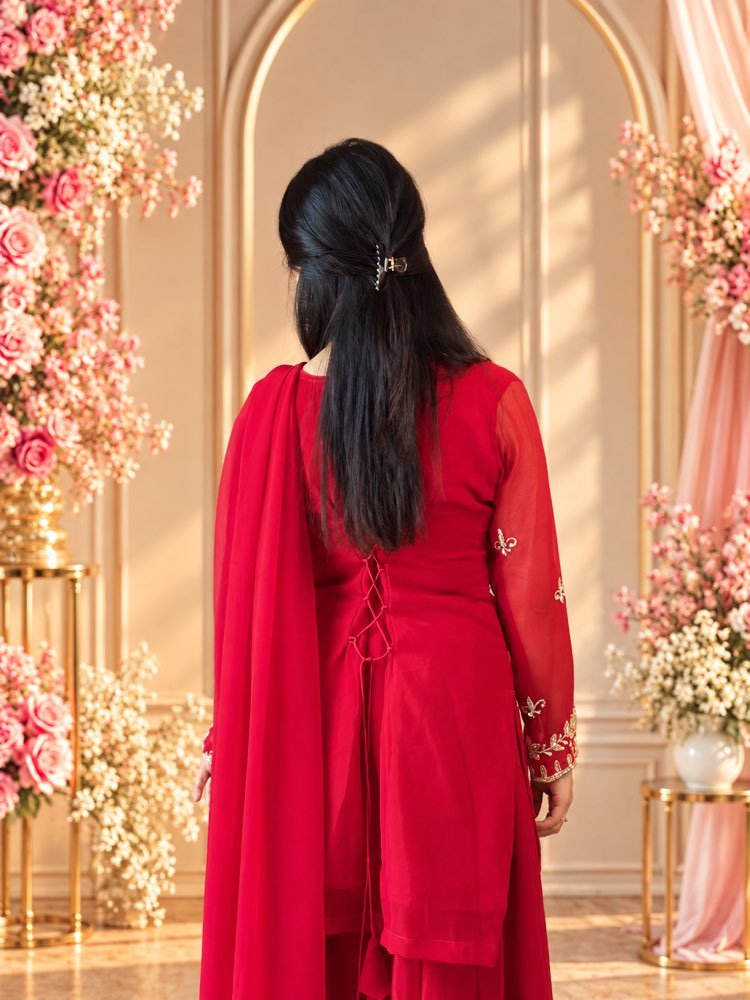 Red Sharara Set - Full Sheer Sleeves - Image 3