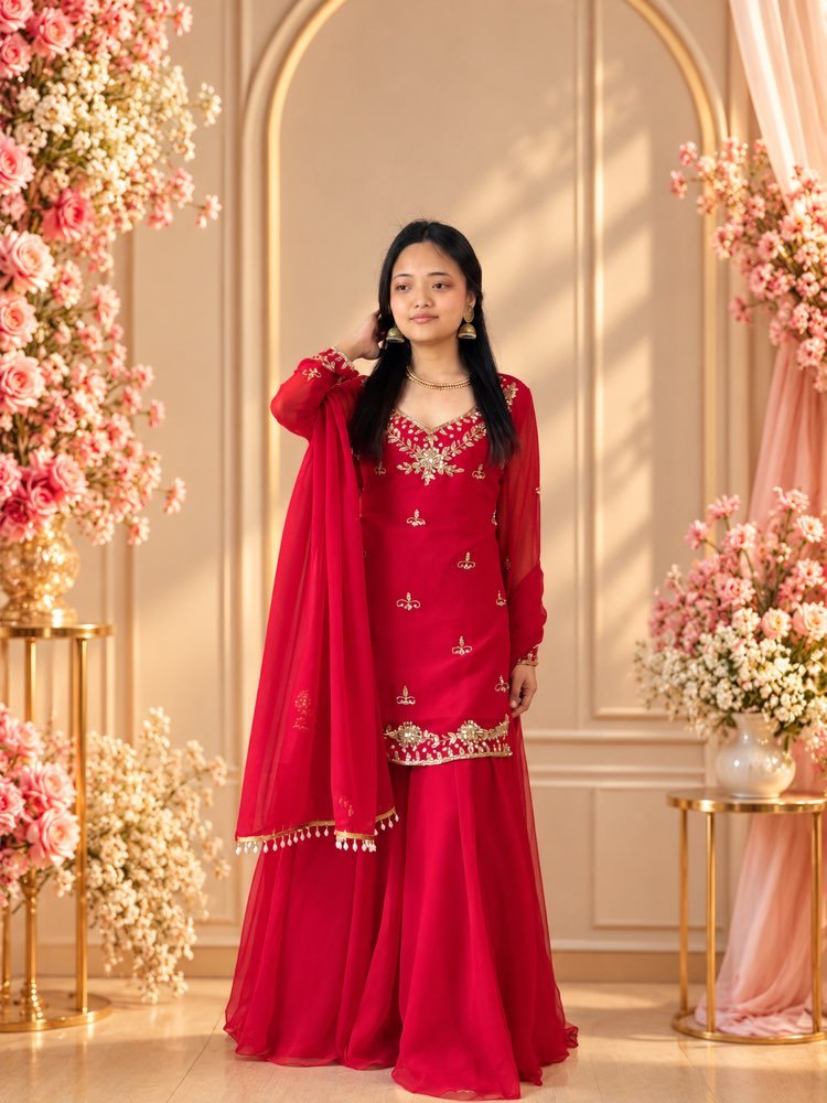 Red Sharara Set - Full Sheer Sleeves - Image 4