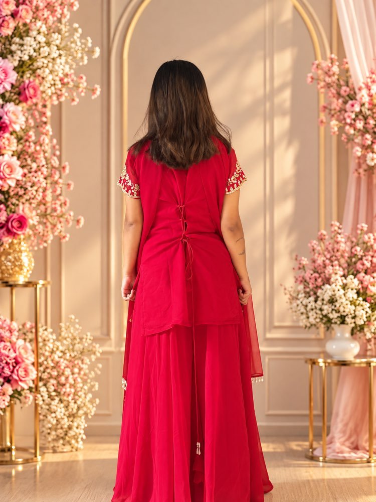 Red Sharara Set - Half Sleeves - Image 2