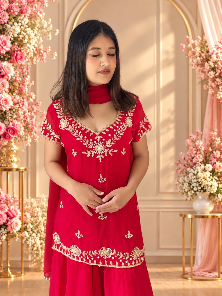 Red Sharara Set - Half Sleeves - Image 3