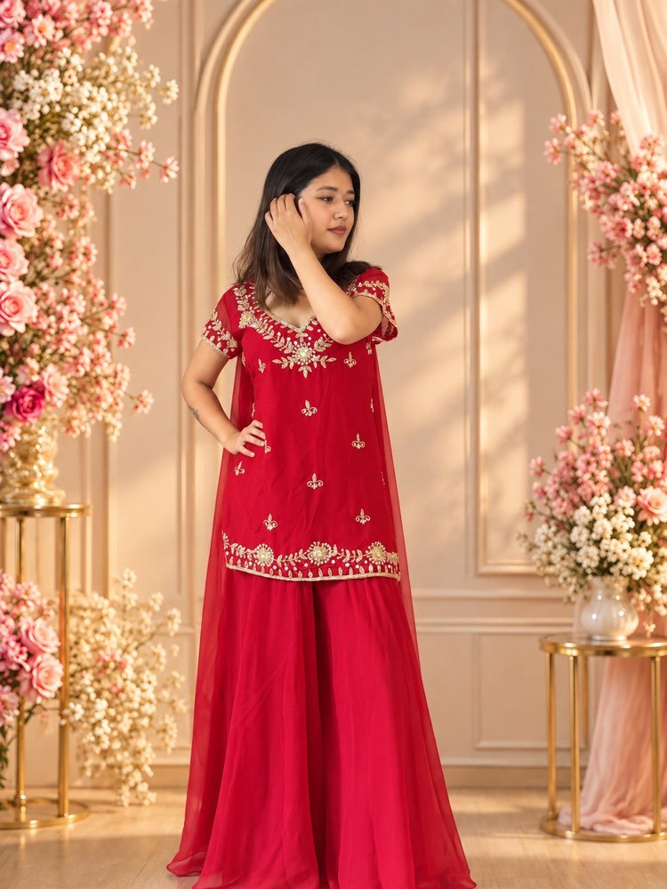 Red Sharara Set - Half Sleeves - Image 4