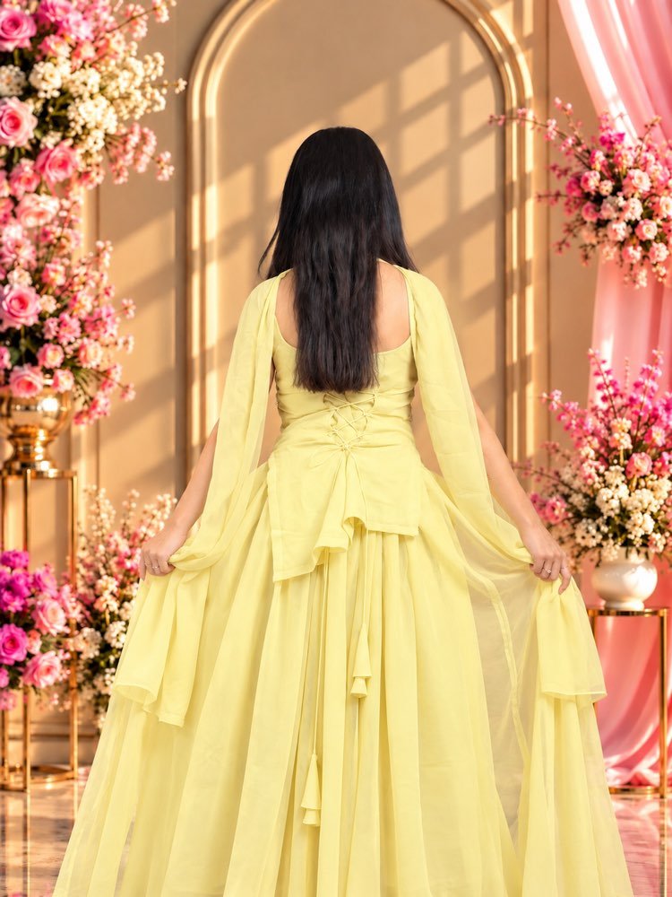 Soft Yellow Asymmetrical Lehenga Set