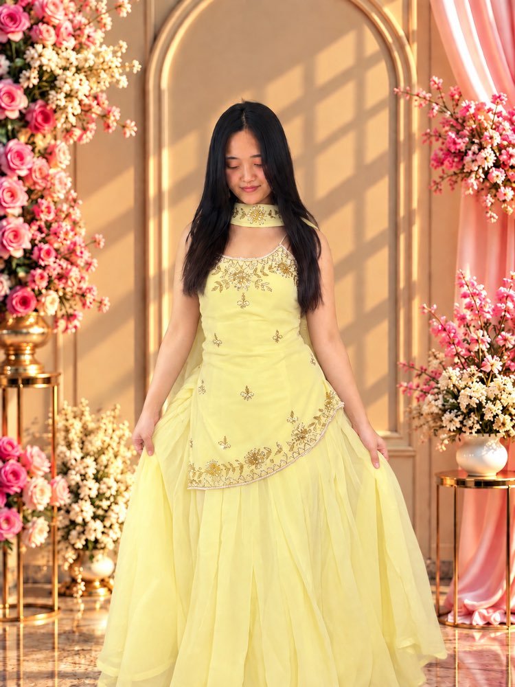 Soft Yellow Asymmetrical Lehenga Set - Image 2